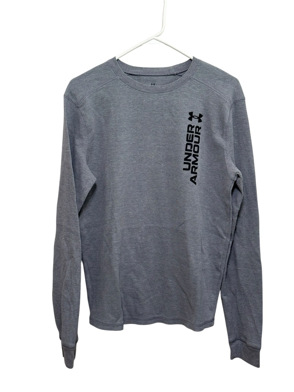 Under Armour. Gray Long Sleeve Crew with Vertical Black Logo